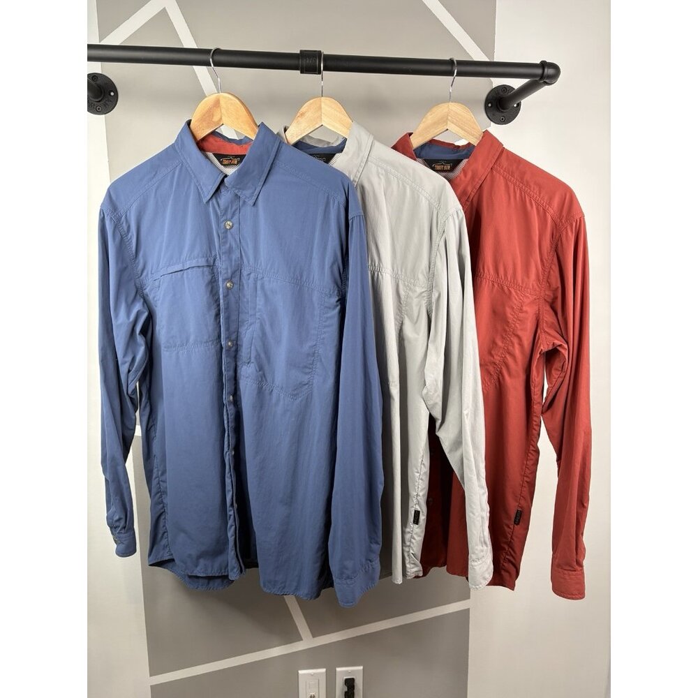 Lot of 3 Orvis Trout Bum Lightweight Fishing Shirts Men’s Large Blue Grey Rust